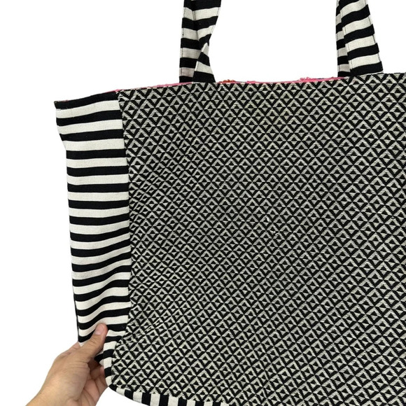 Large boho tote beach bag.  Canvas stripes and bright pattern - Picture 2 of 5